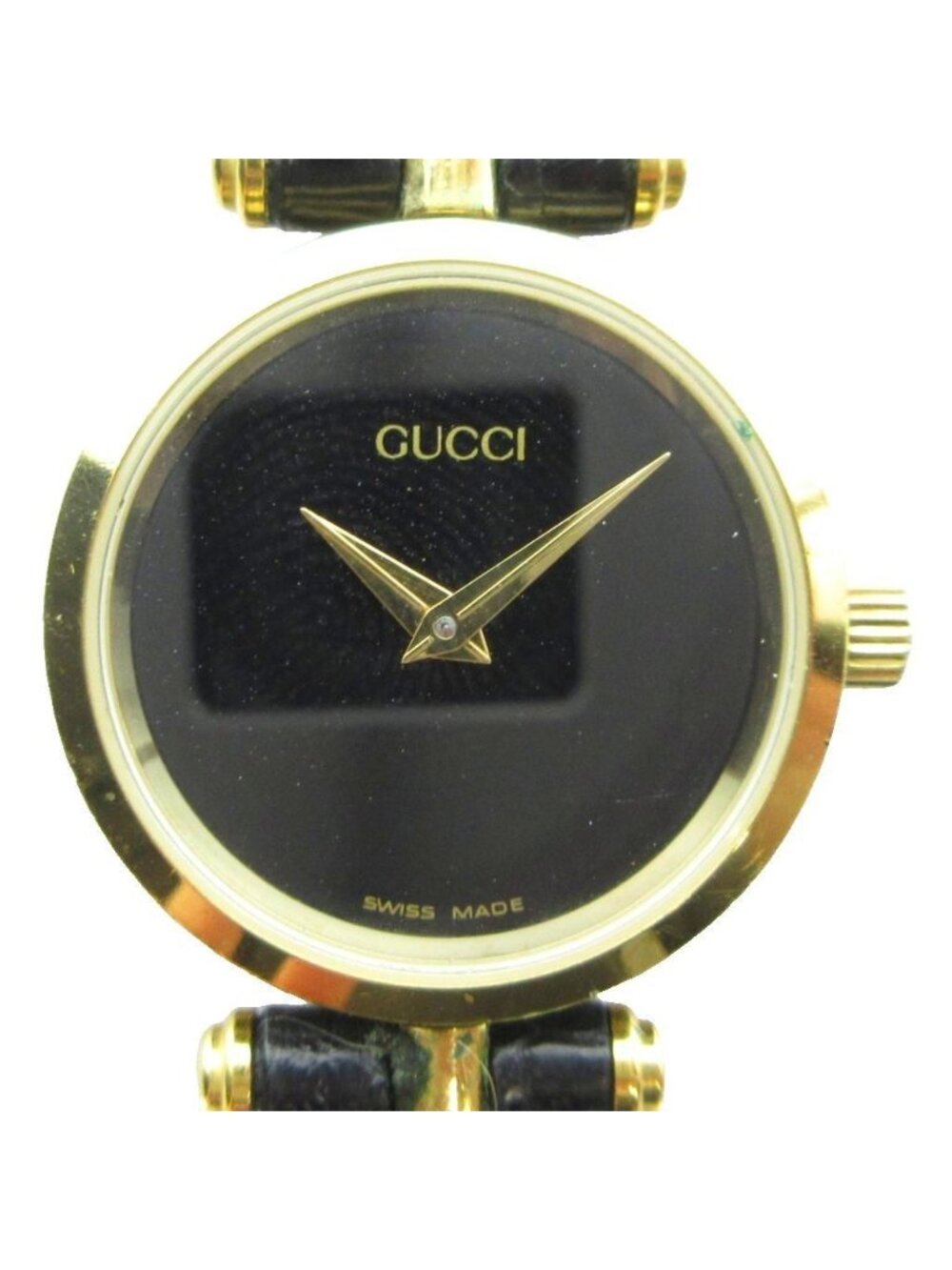 Gucci Watch Quartz Black Dial Logo Leather Strap Gold